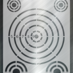 Reusable mylar shooting target stencil with numbered bullseye scoring rings and four corner targets