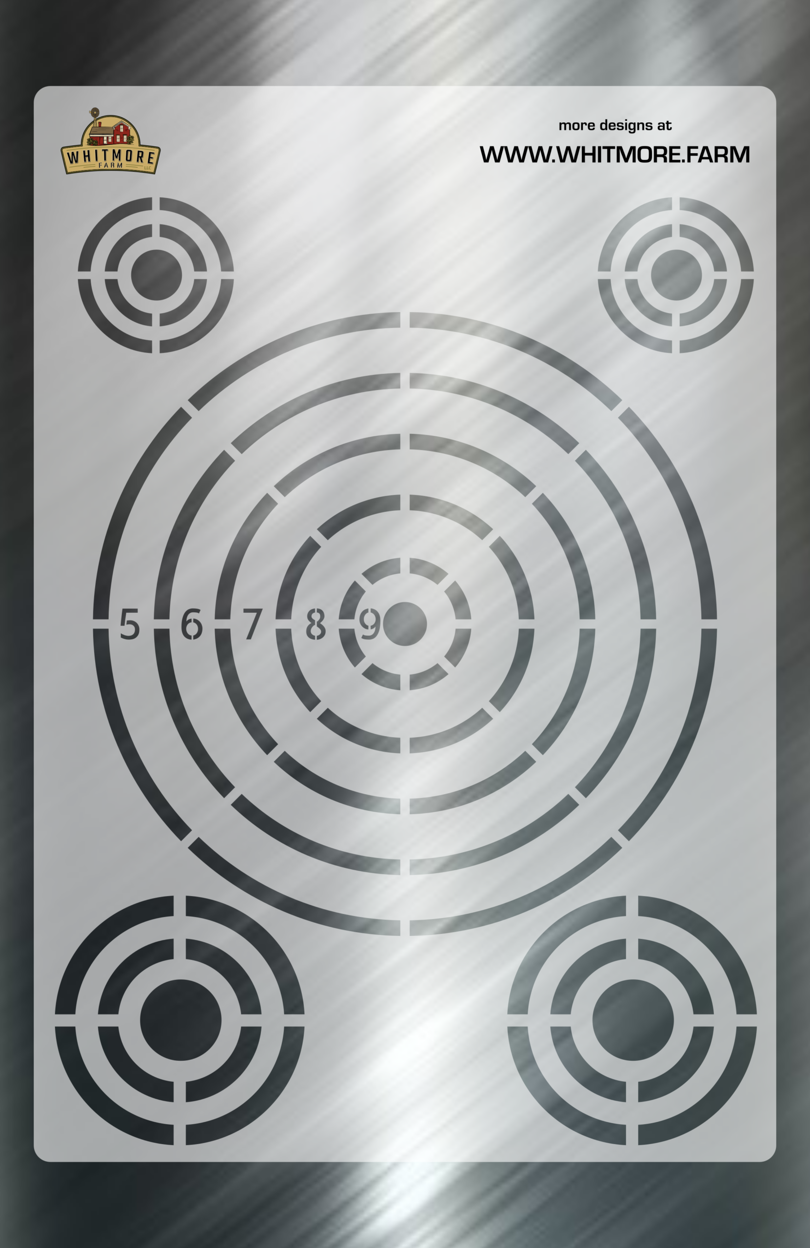 Reusable mylar shooting target stencil with numbered bullseye scoring rings and four corner targets